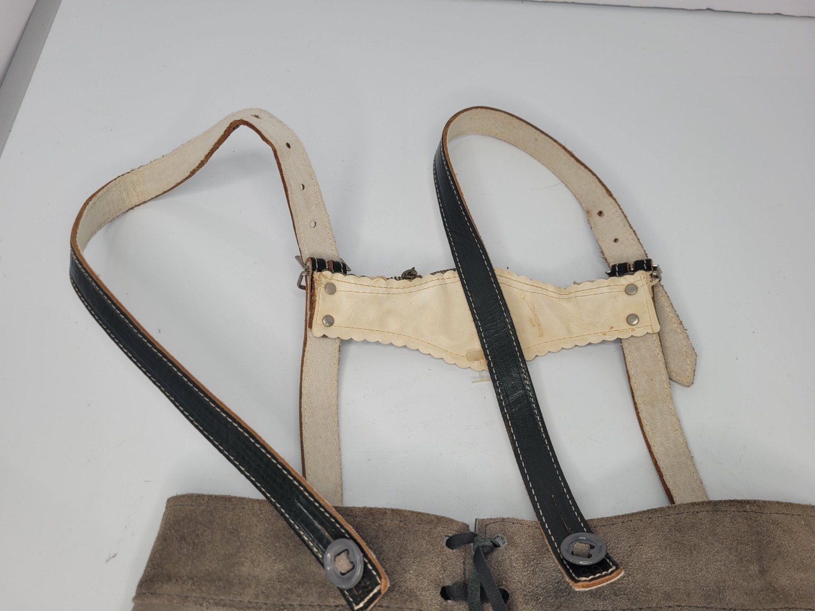 Vintage Youth Kids Lederhosen Short Suspenders Grey Red & Brown Leather Trim
