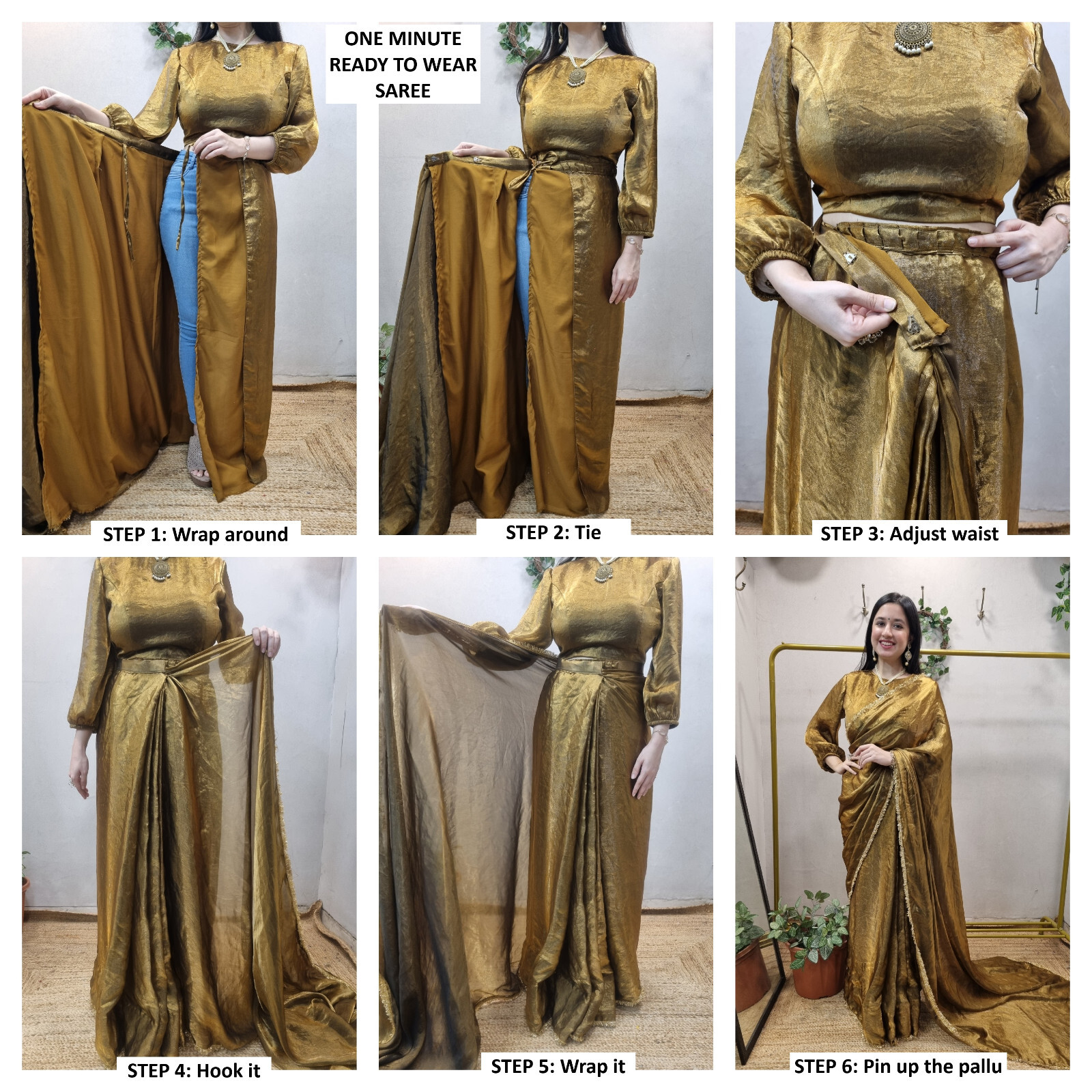Ready to Wear Golden Fendy Silk Saree One Minute Drape Sari With Stitched Blouse