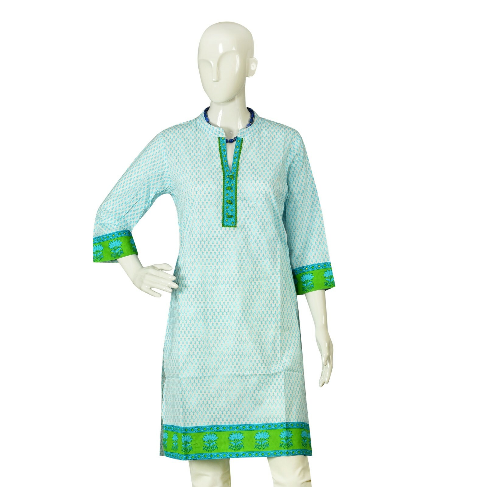 Srishti L-102cm 100% Cotton Kurta(Light Blue and Green)/FREE SHIP