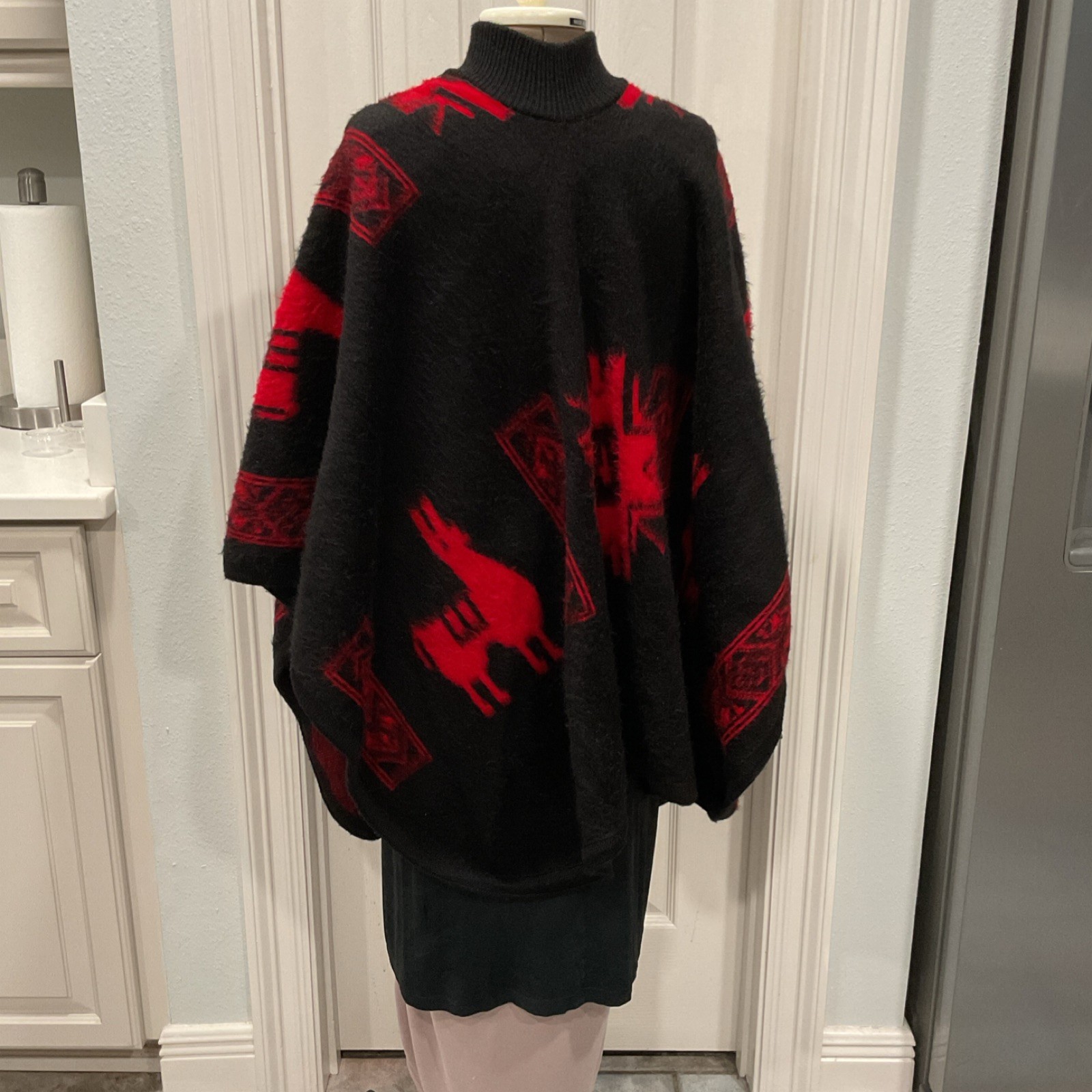 Handmade Black and Red Wool Poncho Latin American Andean Llama Motifs One Size
