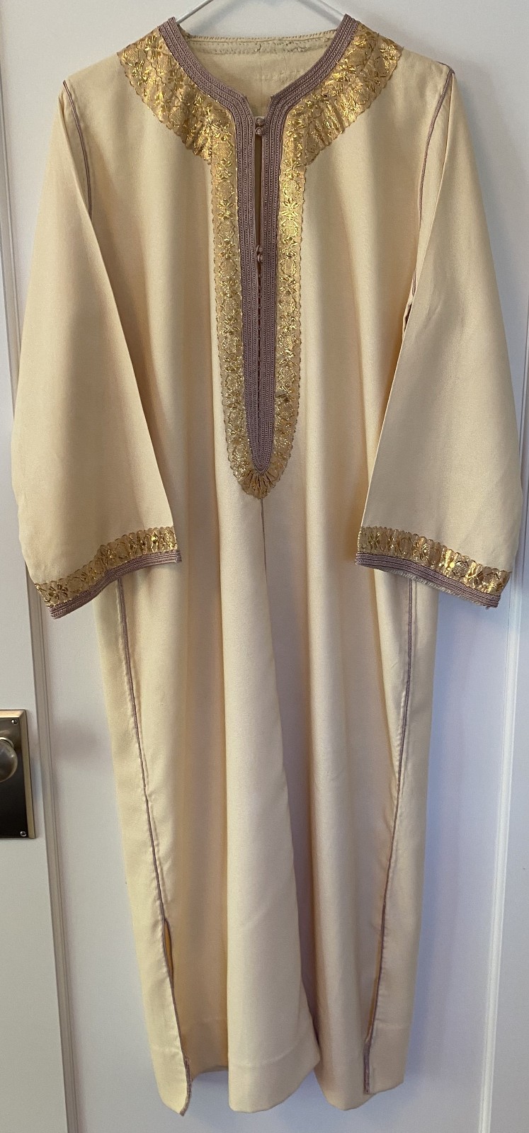 Vintage Moroccan Kaftan Gandoura Djellaba Cream and Gold with Hood