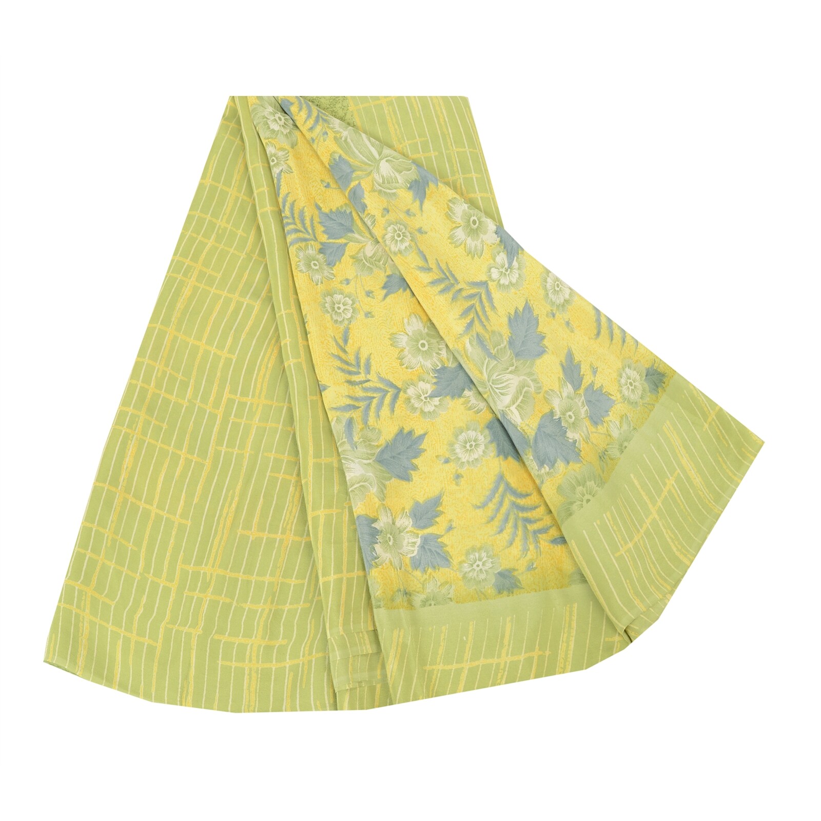 Sanskriti Vintage Saree Lemon Pure Crepe Silk Floral Printed Sari 5.5+Yd Fabric