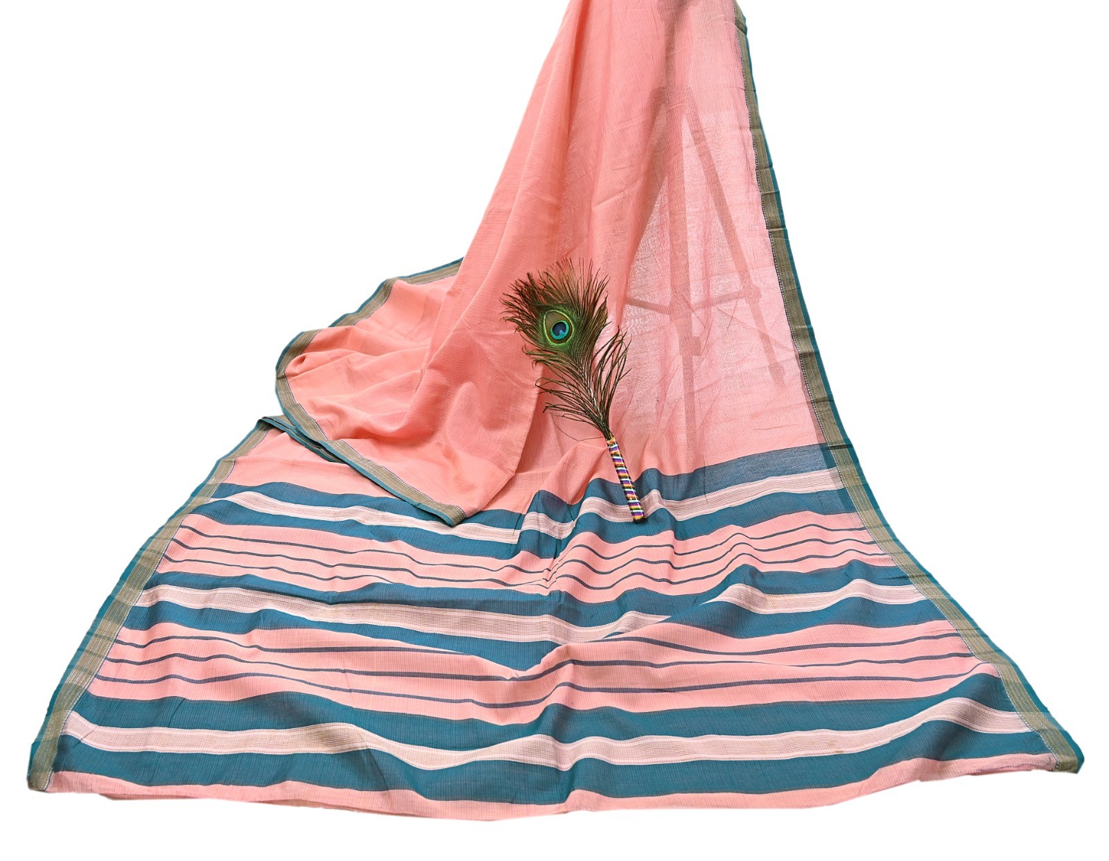 Indian Vintage Sari Peach Pure Chanderi Cotton Hand Woven Saree 5Yd Craft Fabric