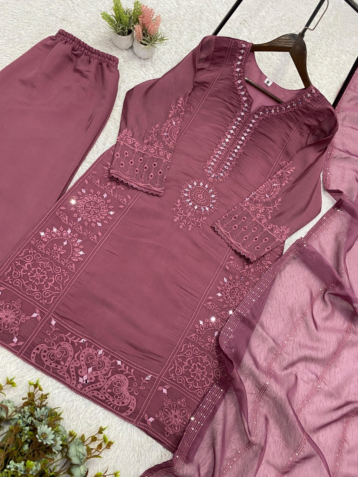 New Mal Chanderi Dusty PinkTop Palazzo With Dupatta For Women Function Wear