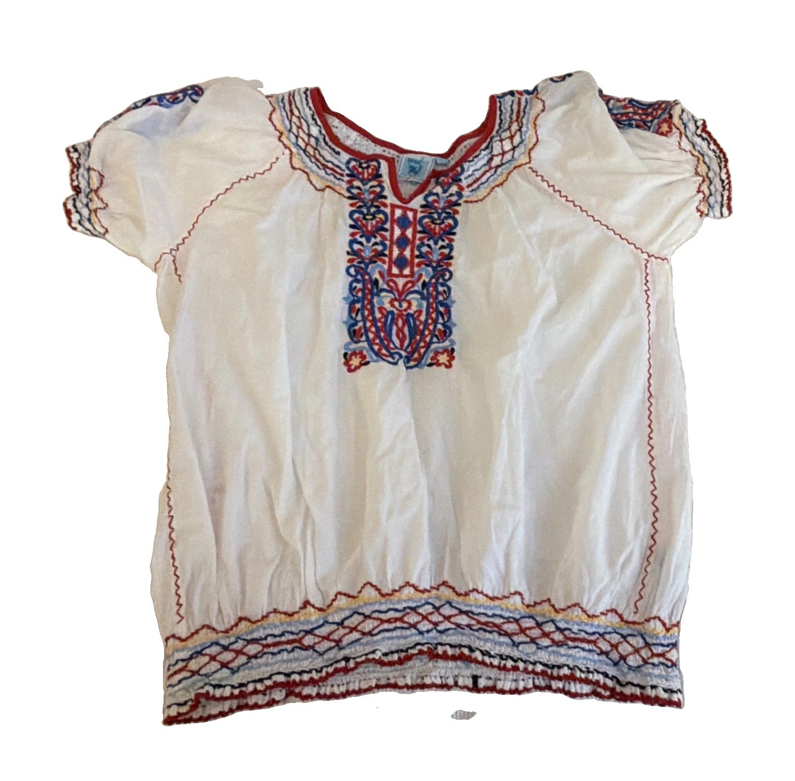 Vintage Boho Gypsy Embroidered Peasant Blouse Cotton Folk Top White L girls