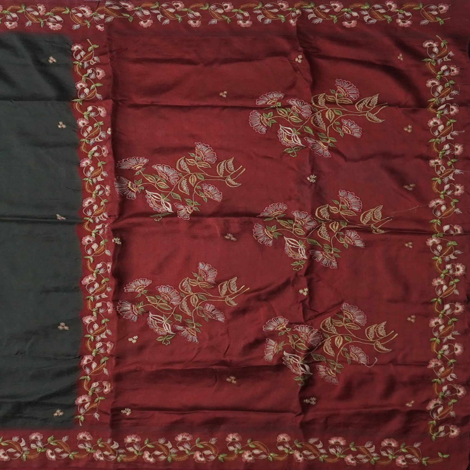 Vintage Black Saree 100% Pure Silk Hand Embroidered Floral Sari 5YD Craft Fabric