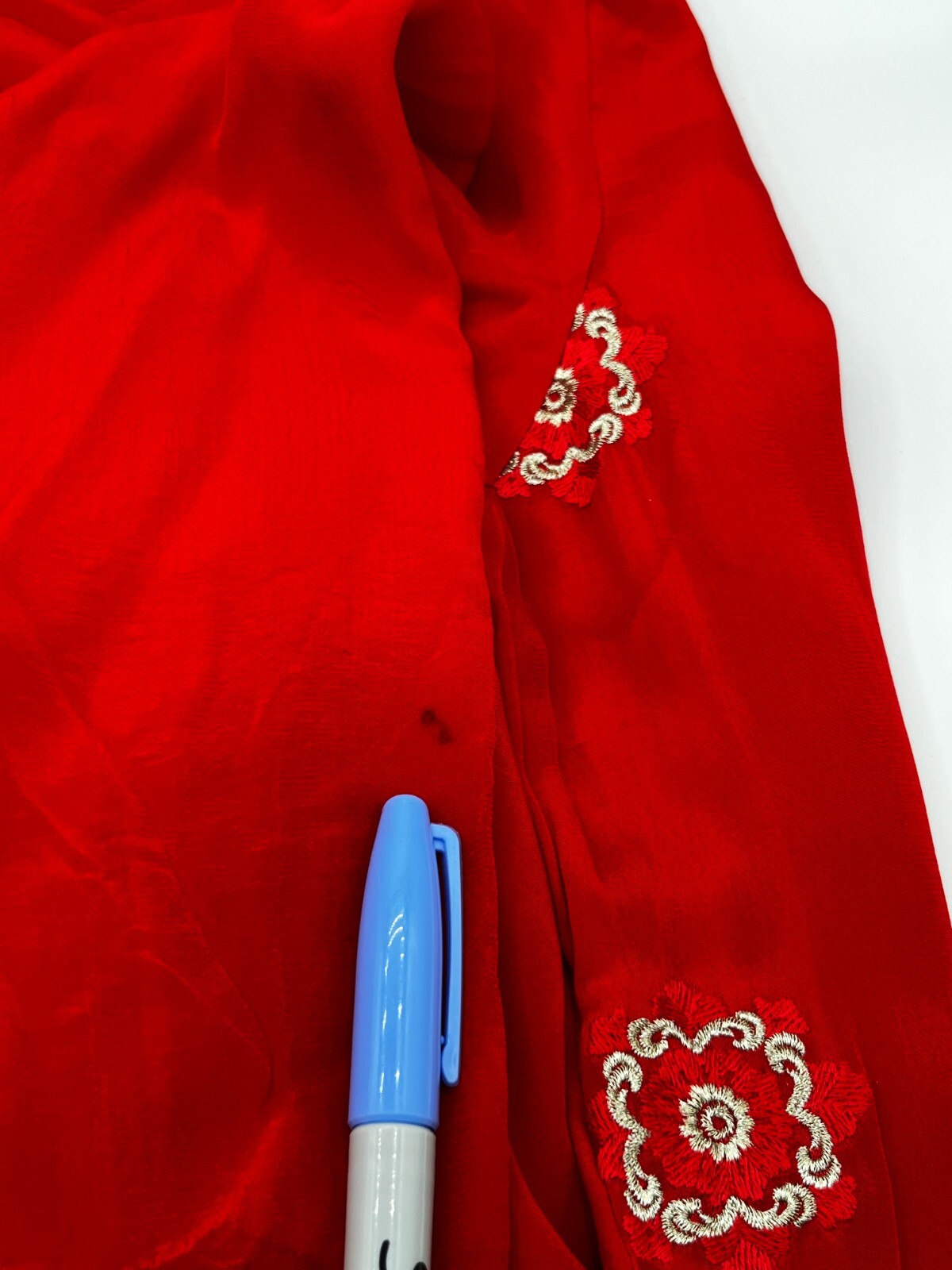 Hand Tailored Red Silk Embroidery Kurta/Dress Round Neck MEASUREMENTS IN LISTING