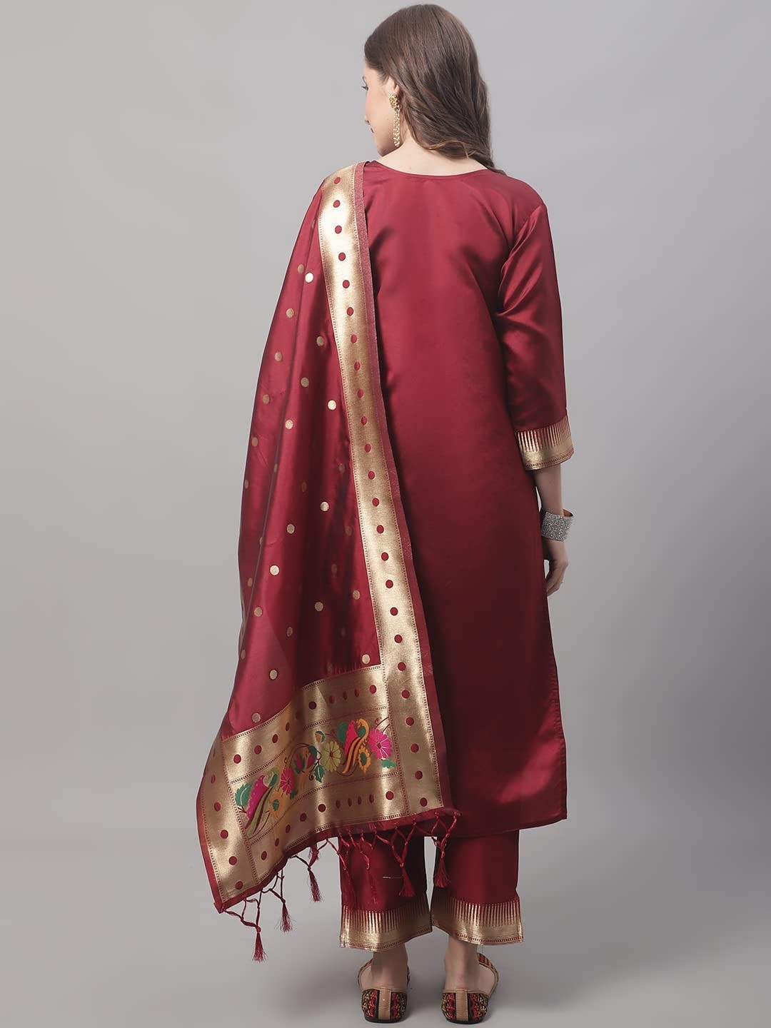 Women’s Cotton Silk Jacquard Straight Kurta with Pant & Banarasi Silk Dupatta