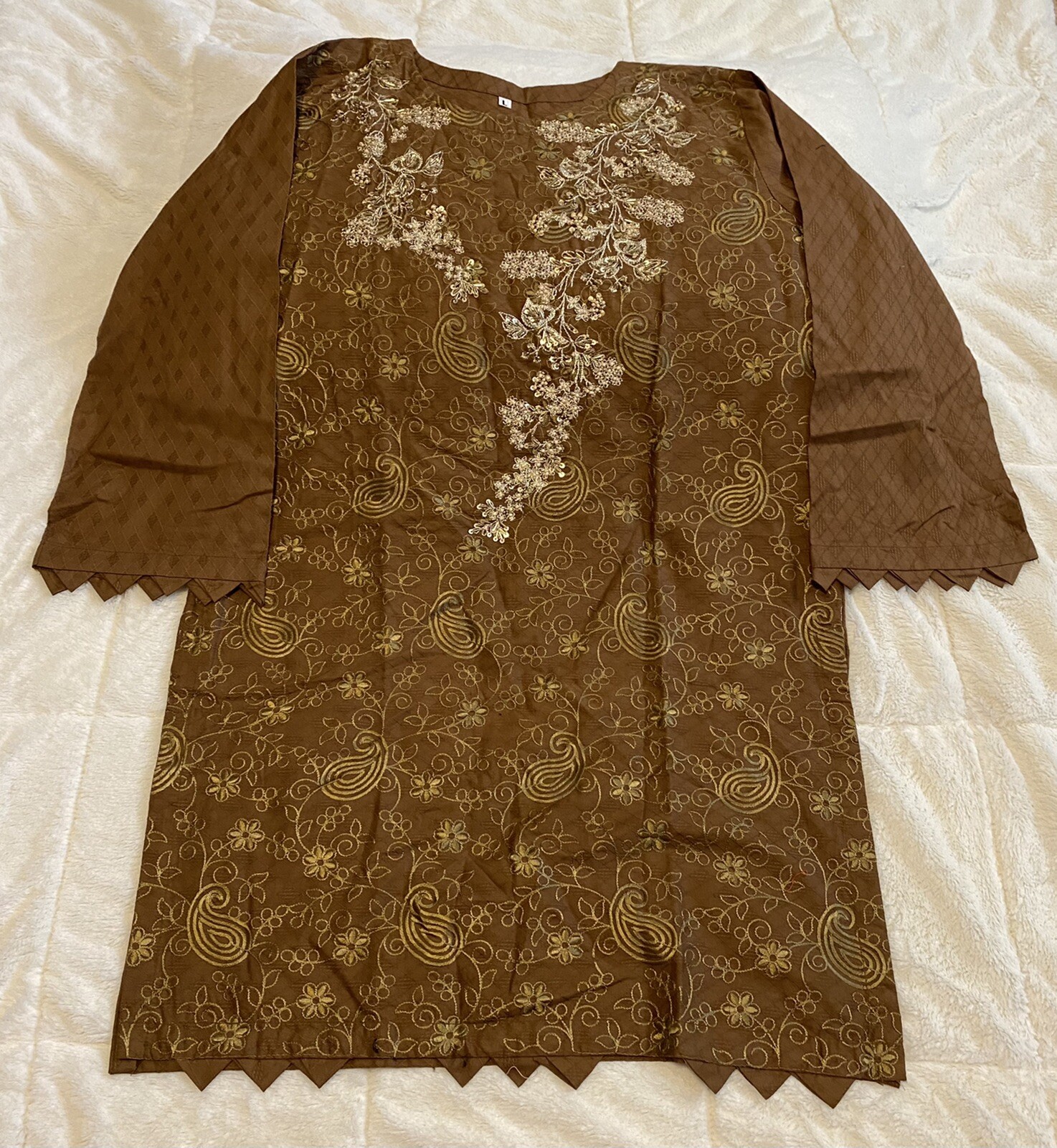 Pakistani Indian kurti, Top, kameez, Brown Embroidered, Size L