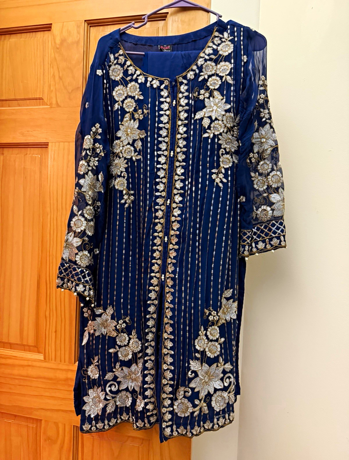 Shaposh Women’s Pakistani Blue Embroidered Chiffon Salwar Kameez 3PC Suit L