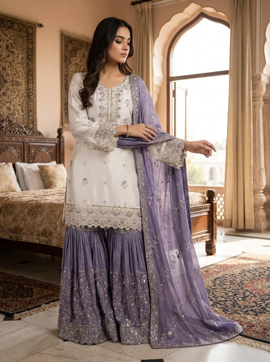 New Designer Heavy Chinnon Silk Kurta Palazzo With Dupatta For Women