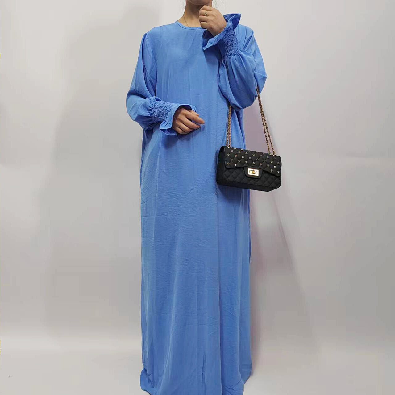 Muslim Women Solid Color Long Sleeve Abaya Loose Robe Simple Maxi Dress Kaftan