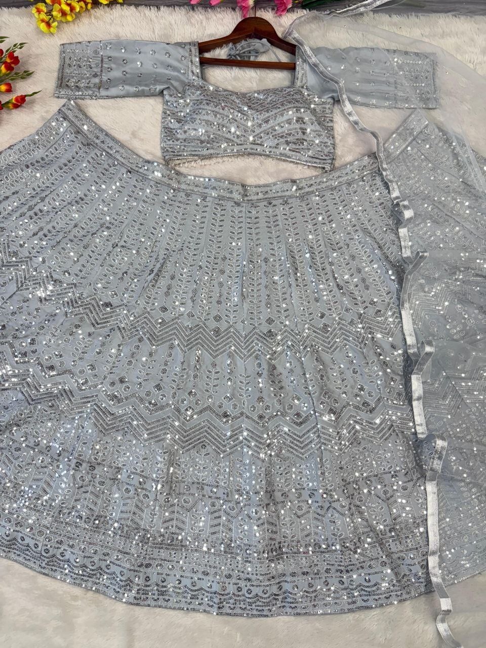 Attractive Look Rangoli Silk Grey Lehenga Choli With Dupatta For Wedding Wear