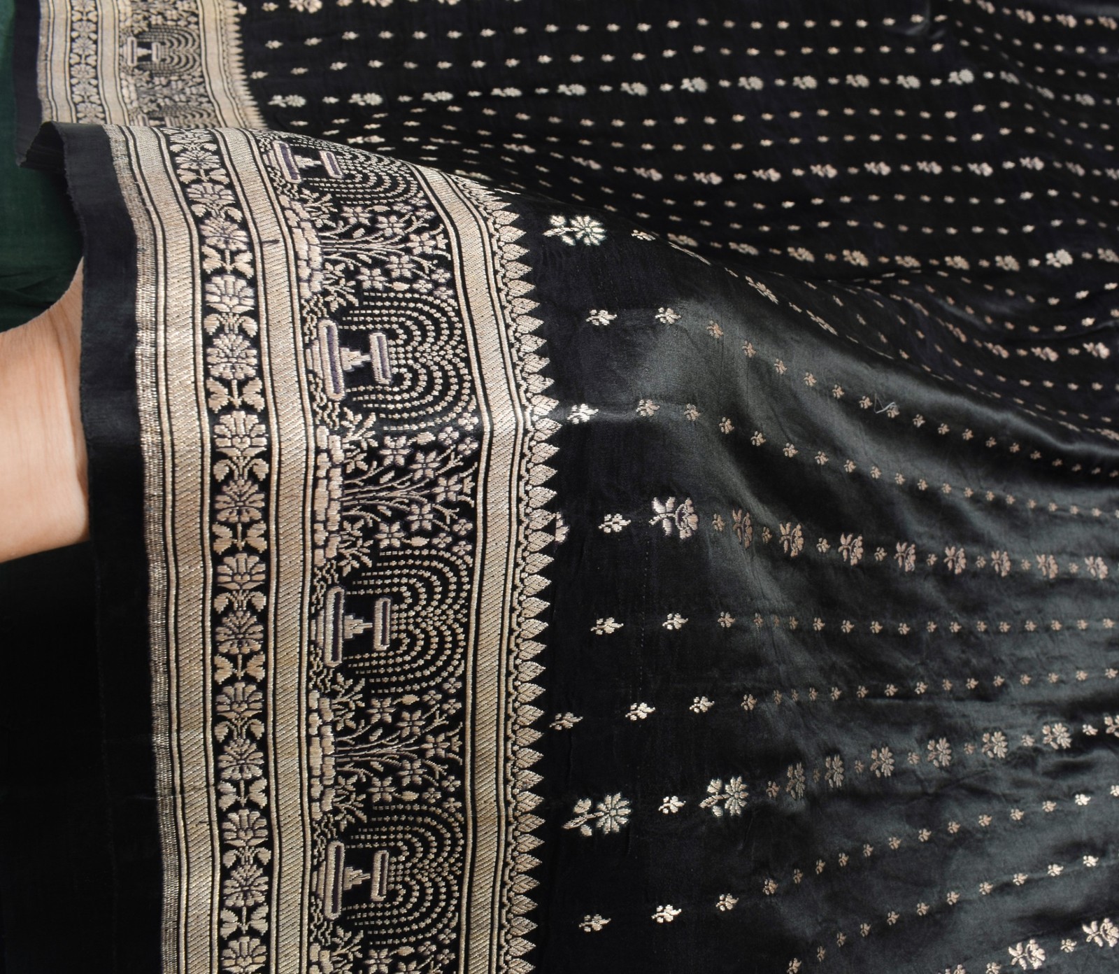 Sushila Vintage Heavy Black Saree Pure Satin Silk Banarasi Brocade Sari Fabric