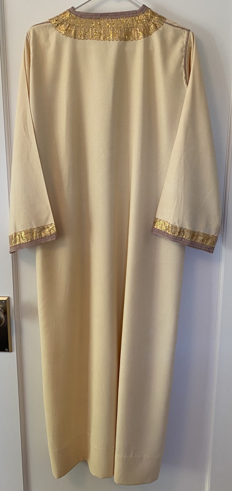 Vintage Moroccan Kaftan Gandoura Djellaba Cream and Gold with Hood