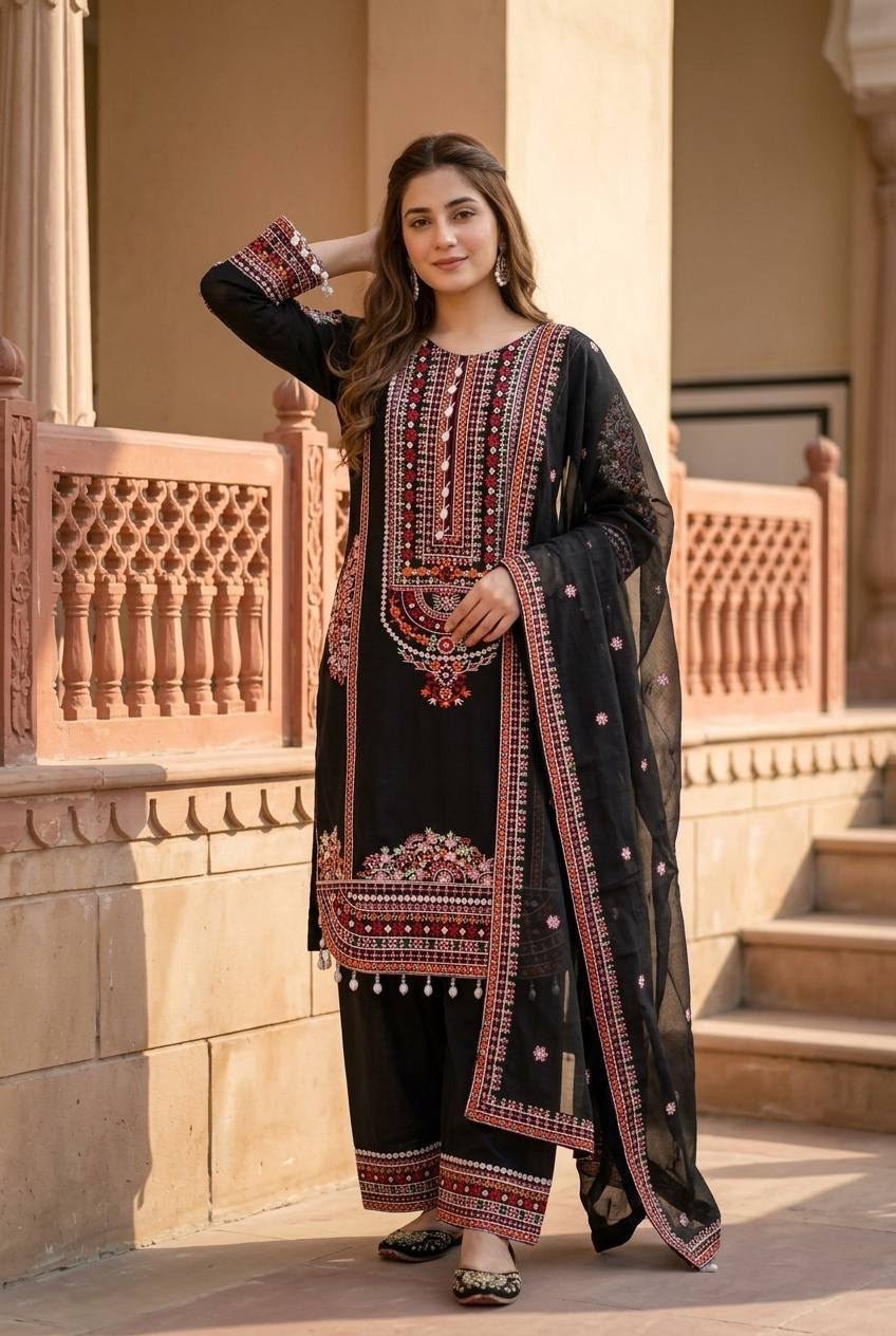 Designer Heavy Mal Chanderi Embroidered Palazzo Suit Set Mirror Work Women