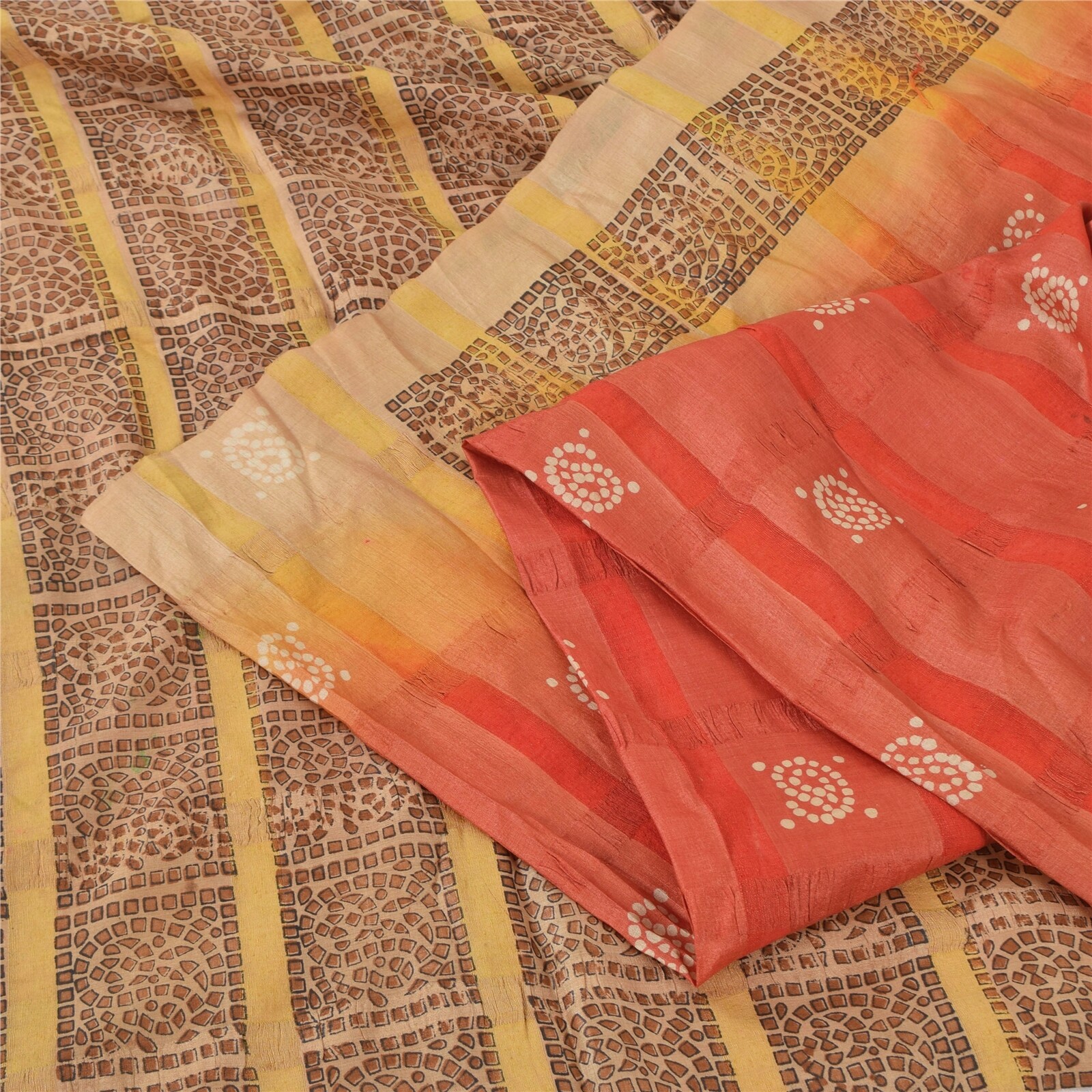 Sanskriti Vintage Indian Brown/Red Sarees Pure Silk Printed Sari 6Ydcraft Fabric