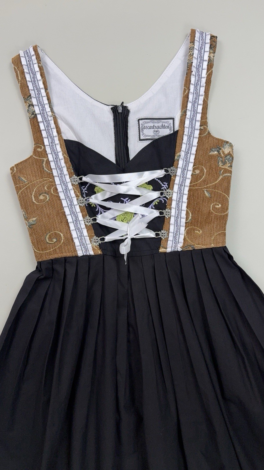 Vintage Oktoberfest Dirndl Dress Long 100% Cotton Bavarian XS Brown Black