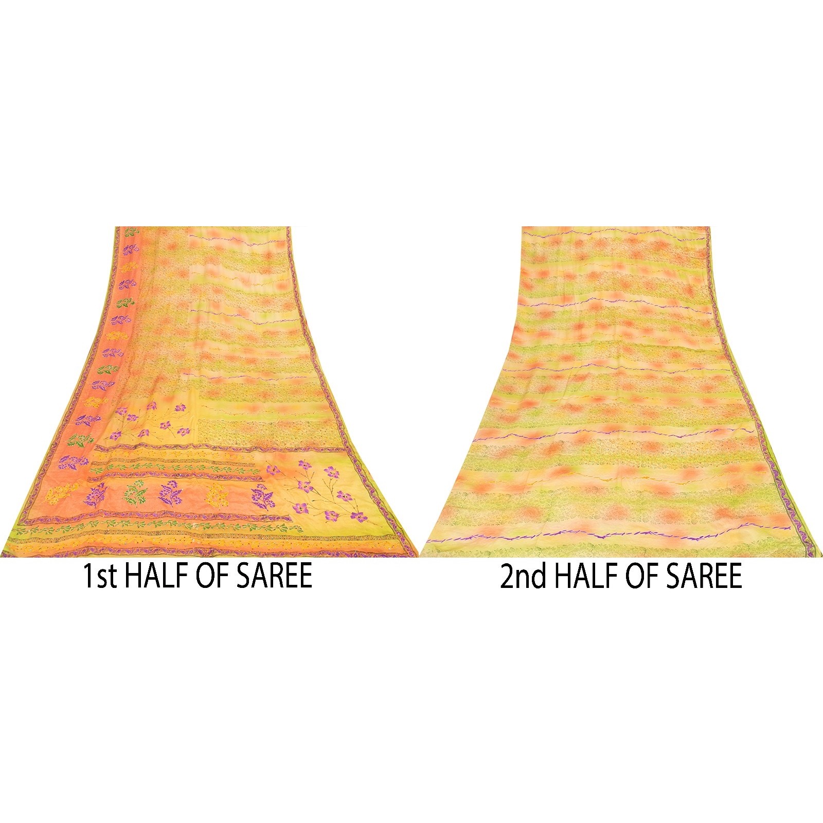 Sanskriti Vintage Saree Lemon Hand Embroidery Kantha Pure Crepe Print 5.5YD Sari