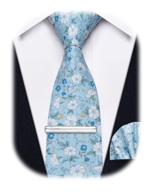 Cotton Floral Tie for Men 2.5″ Printed Skinny Necktie Pocket Light Blue Floral