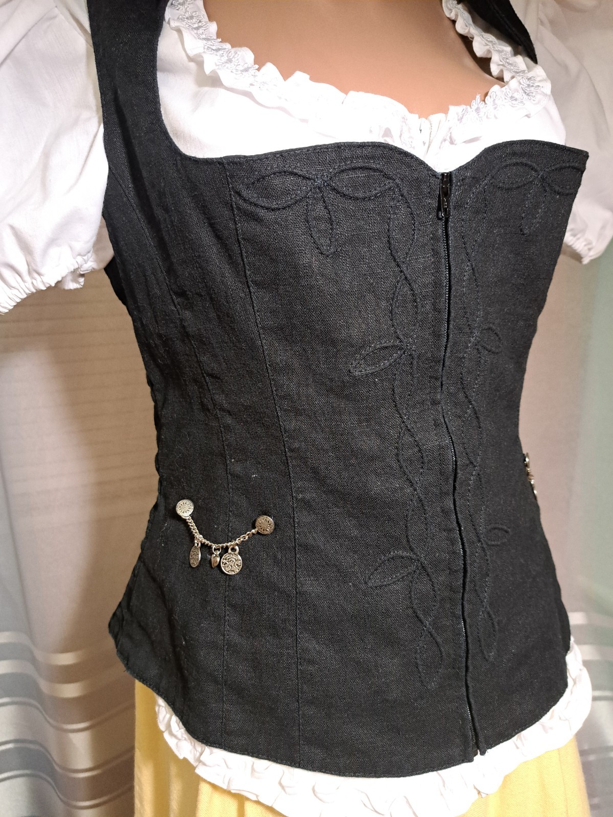 Vintage German Dirndl Set Bodice Blouse Skirt Linen Alpine Oktoberfest Sz M/EU40