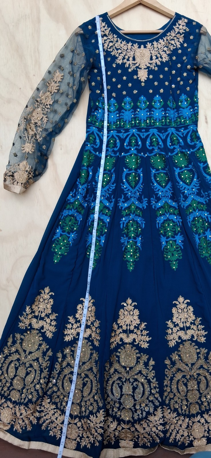 Indian Anarkali Gown Dress S Royal Blue Gold Embroidered Long Sleeve Maxi Party
