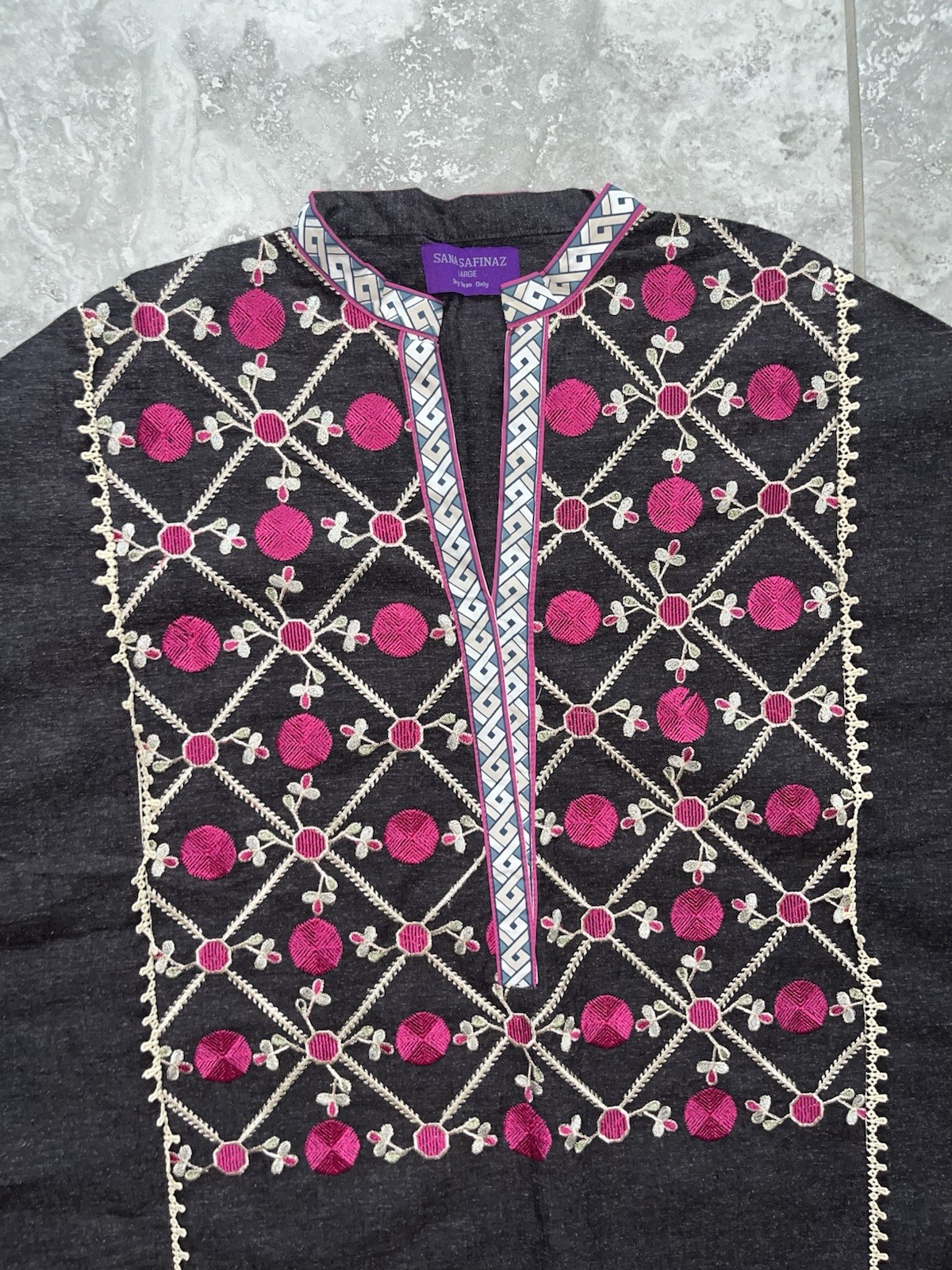 SANA SAFINAZ Geometric Embroidered Cotton Kurti Tunic Shirt Dress NEW Gray L