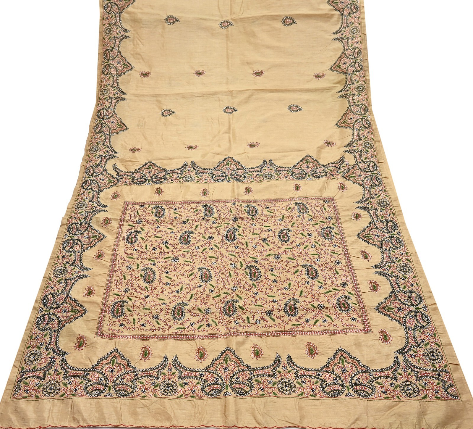 Indian Vintage Sari Beige Artificial Silk Hand Embroidered Sarees Craft Fabric 5