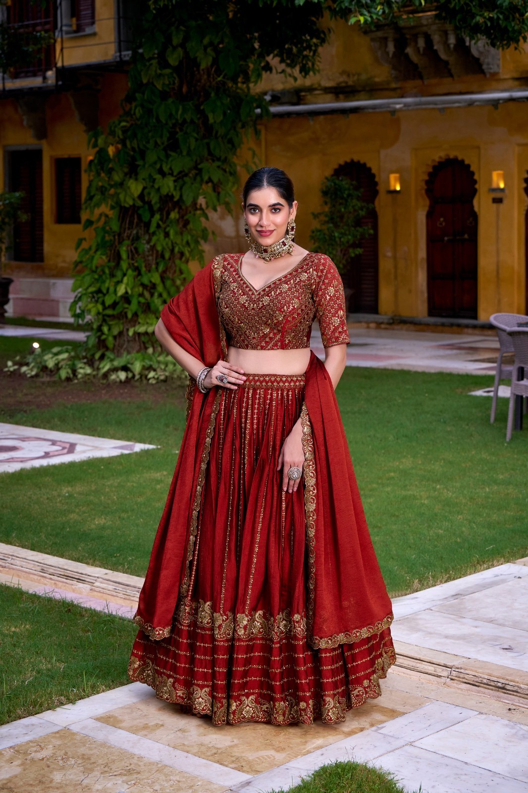 New Rangoli Crush Lehenga Choli And Rust Orange Dupatta For Indian Reception