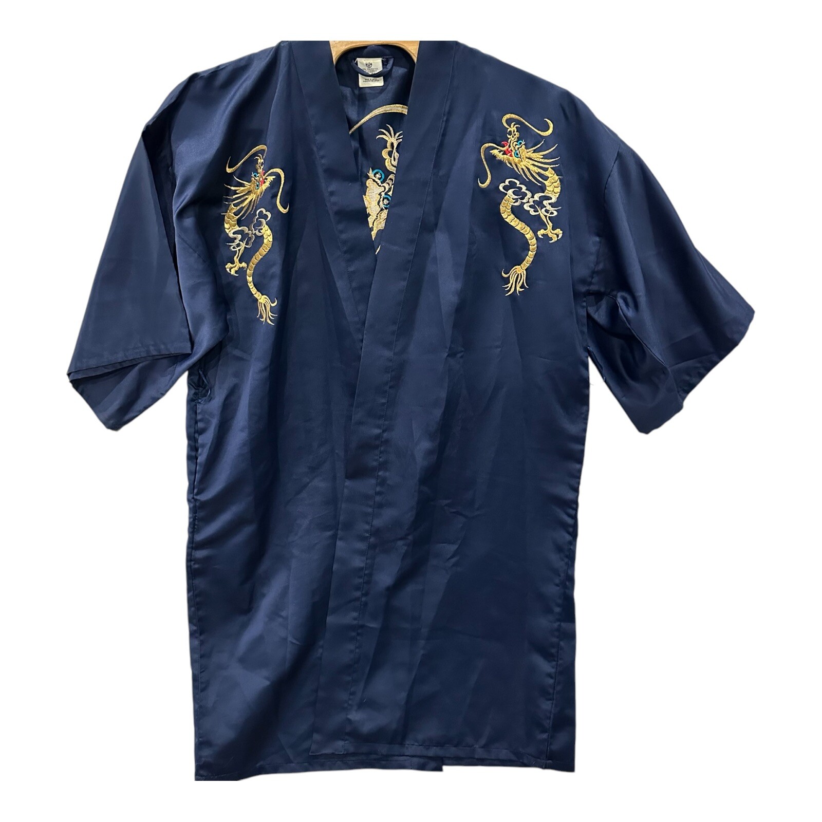 Vintage Japanese Kimono Robe Made in Japan Embroidered 54″ Chest Navy Blue Satin
