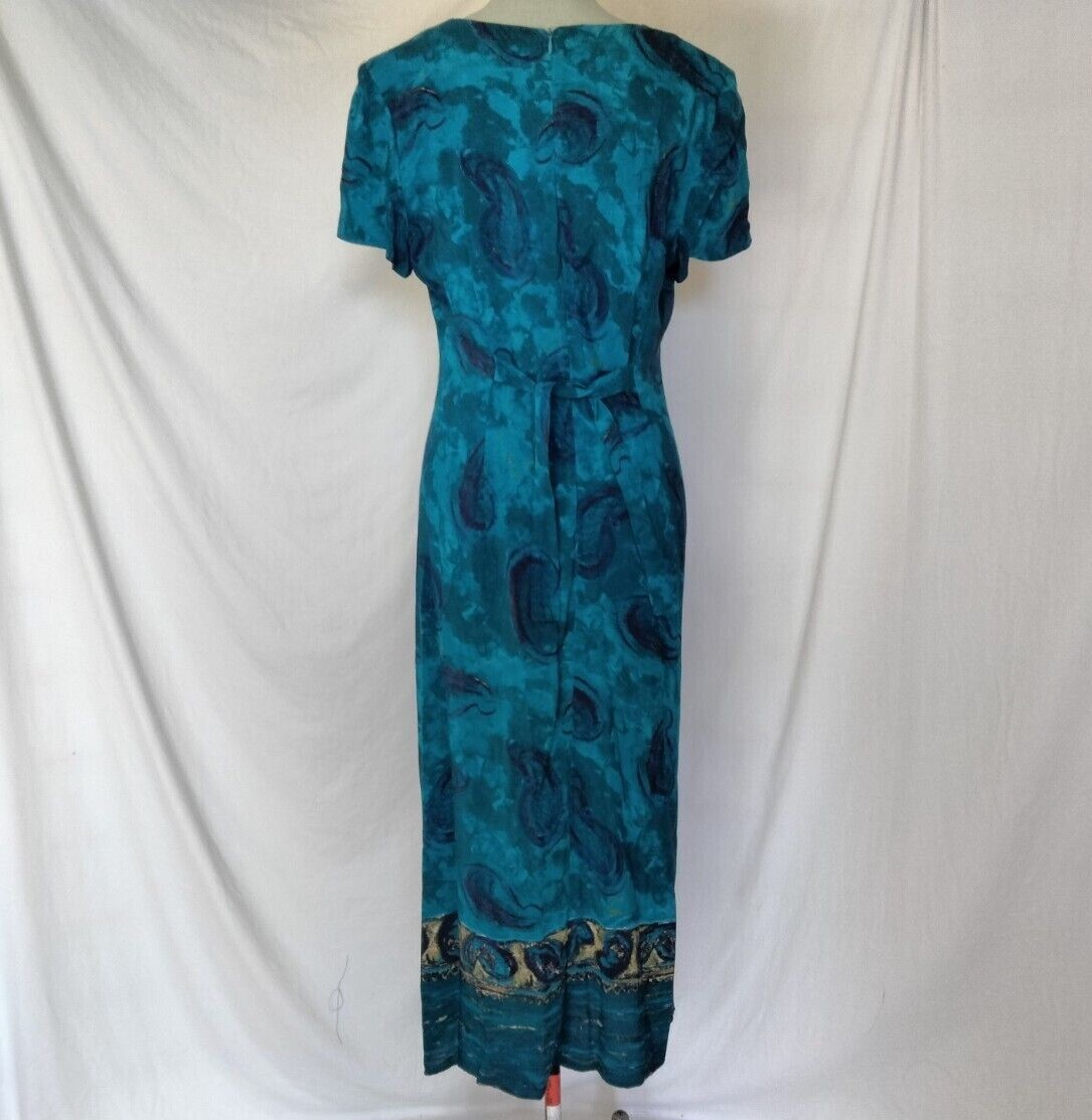 Vintage Positive Attitude fitted Comfy V neck short sleeves Black/Teal dress 8