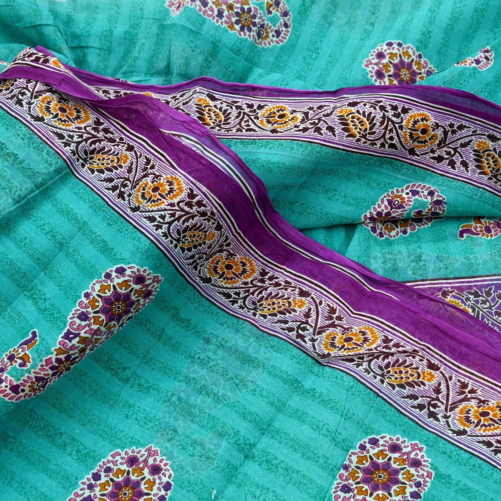 Vintage Sari Purple & Green Pure Cotton Printed Saree 5Yd Craft Fabric Sewing