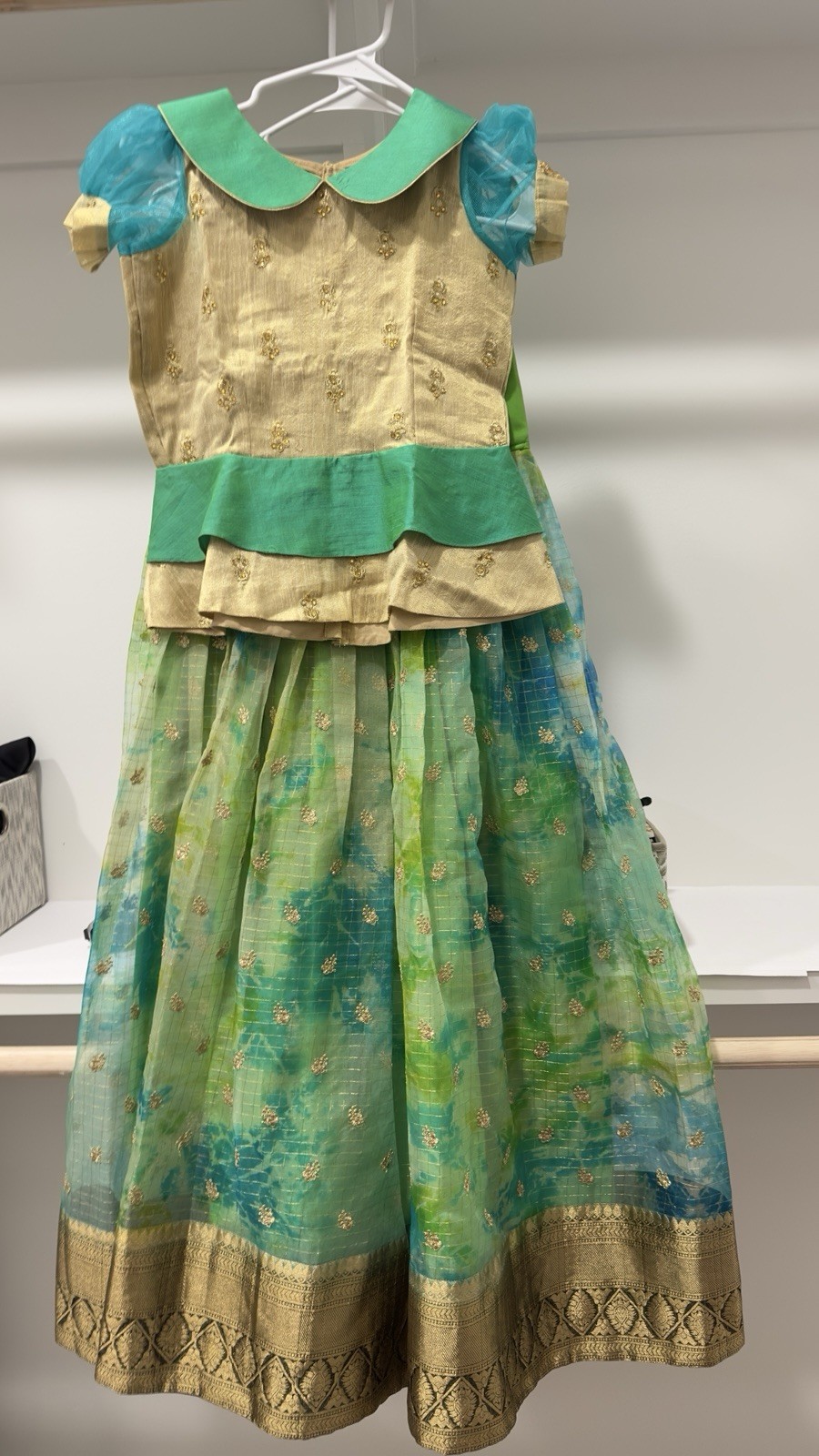 Indian Festive, Wear Bright Green And Blue Two Piece Organza Set For Girls