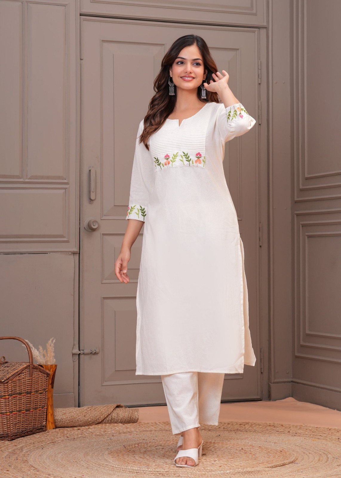 Women’s White Embroidered Straight Kurti | Elegant Daily & Office Wear (NF-52)