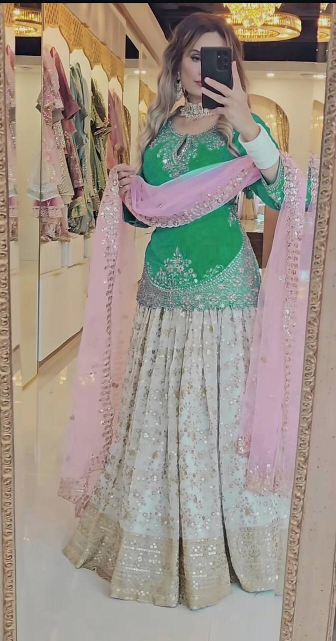 Classy Collection White Chinon Silk Top Lehenga With Net Dupatta For Women