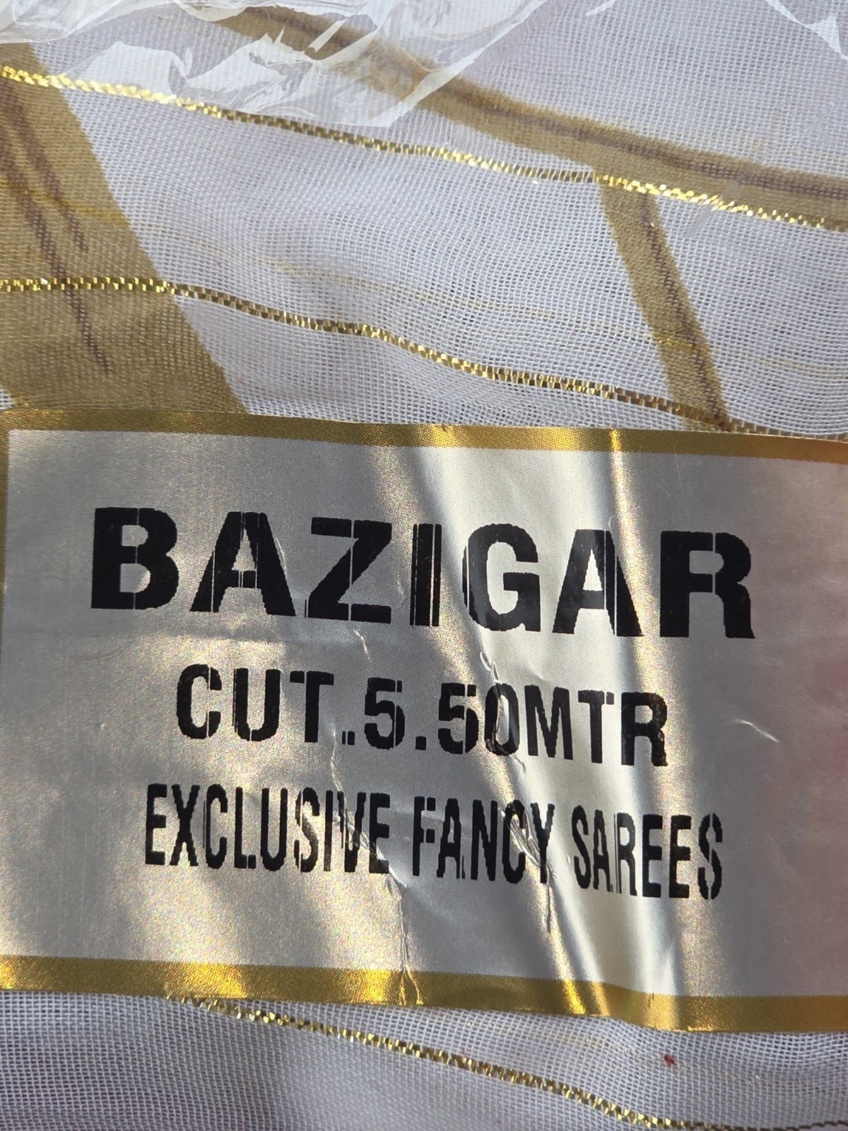 Bazigar 5.50m Net Saree White Floral Print Gold Stripes Red Border