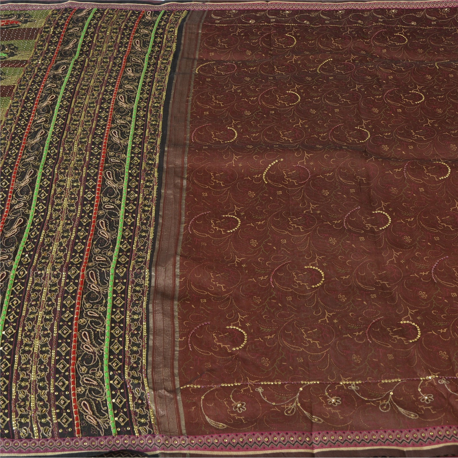 Sanskriti Vintage Sarees Pure Chiffon Silk Hand Beaded Woven Zardozi Sari Fabric