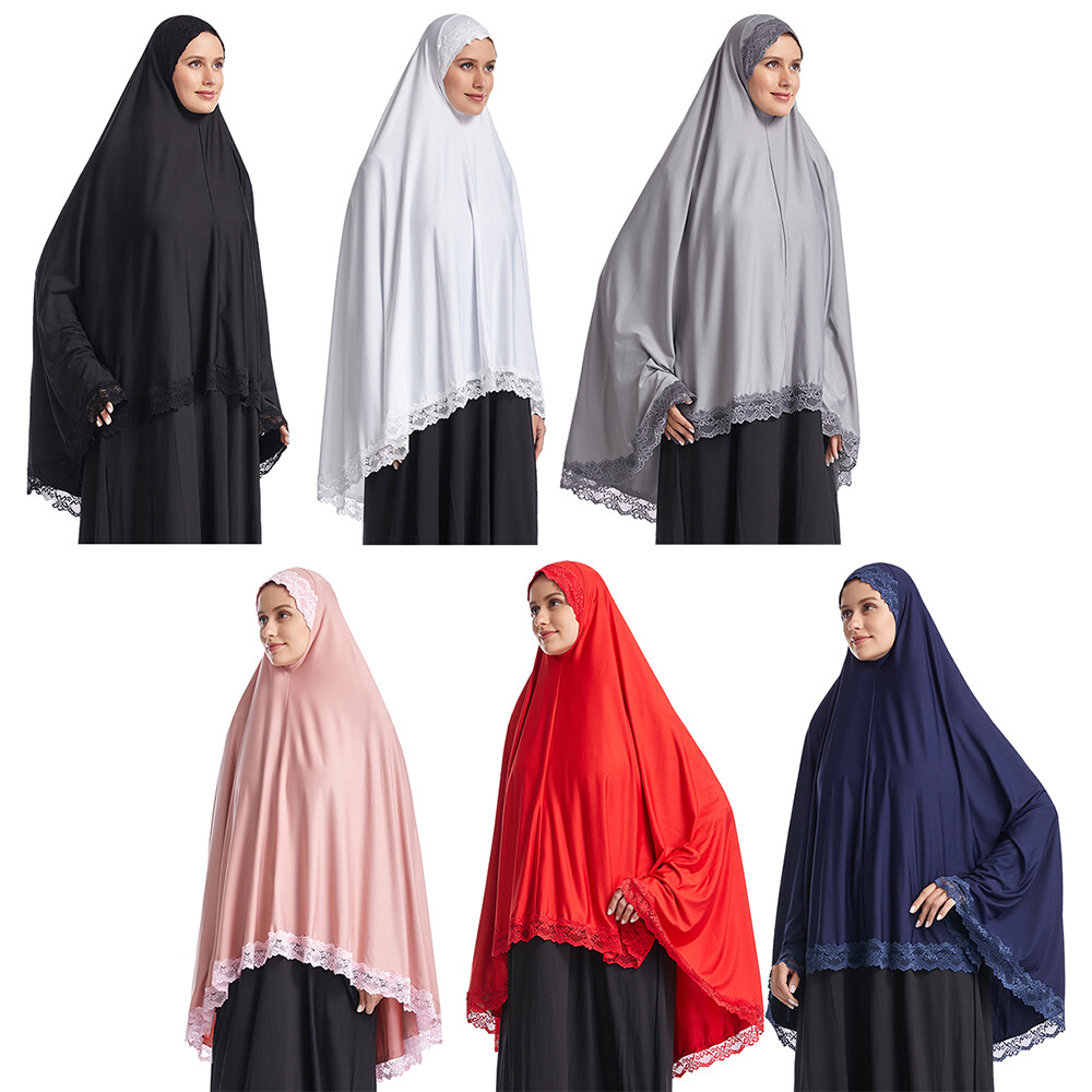 Muslim Women Ramadan Scarf Hijab Islam Prayer Turban Amair Lace Trim Headcover