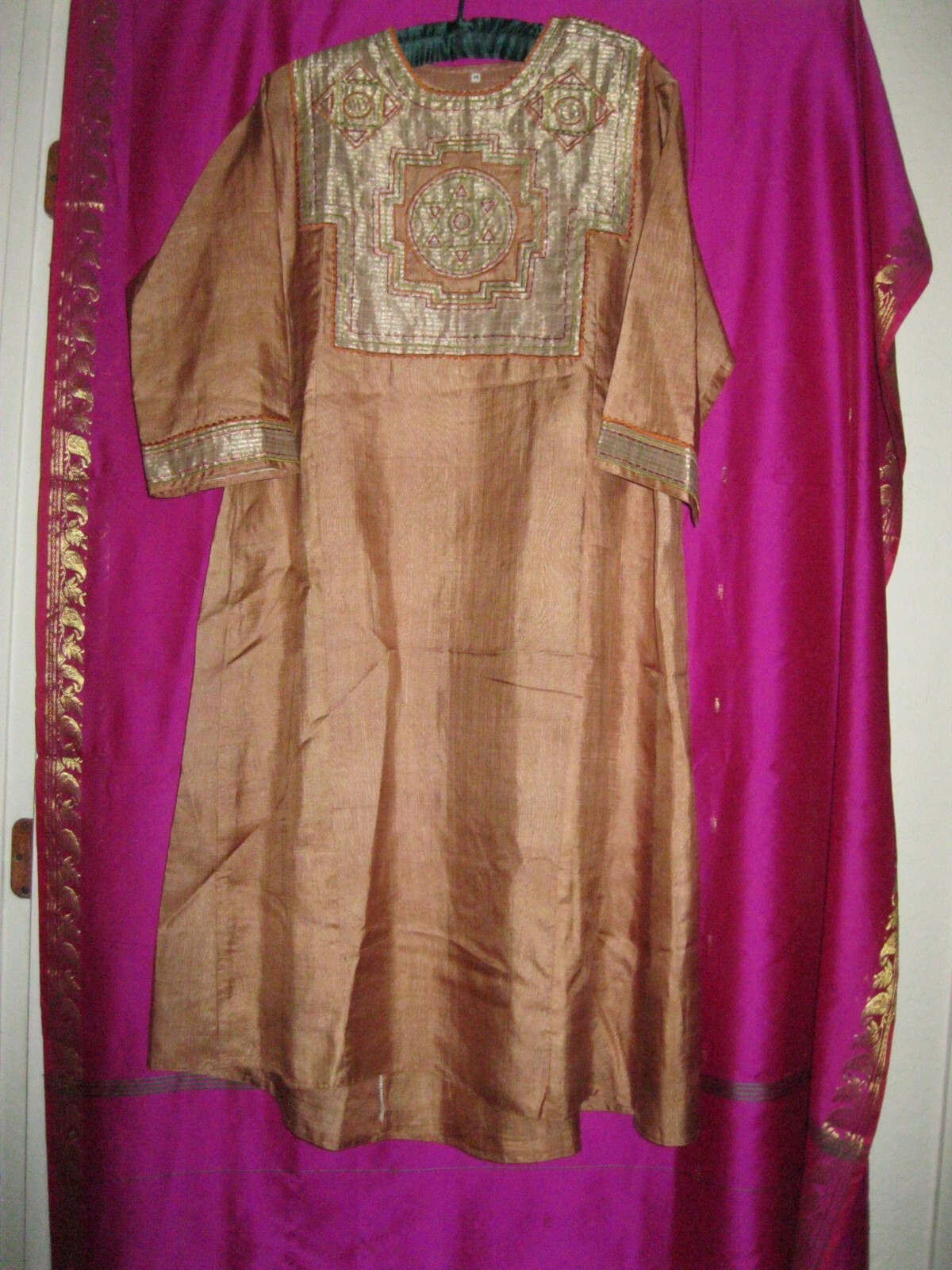 INDIA, SILK GARMENT SZ. M., MANGO COLORED W/ GOLD THREAD FRONT, 3/4 SLEEVES