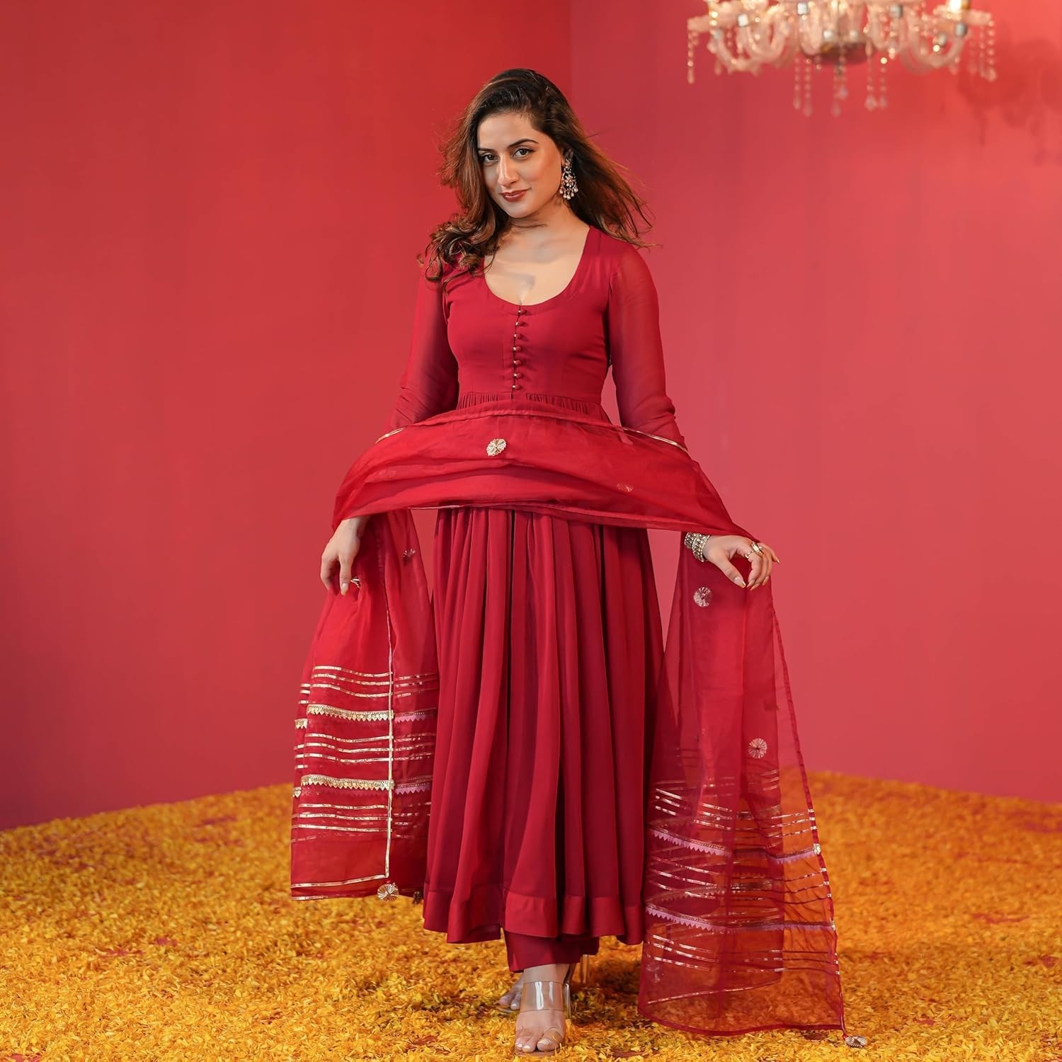 Women’s Rayon Blend Anarkali Solid Kurta with Pant & Dupatta