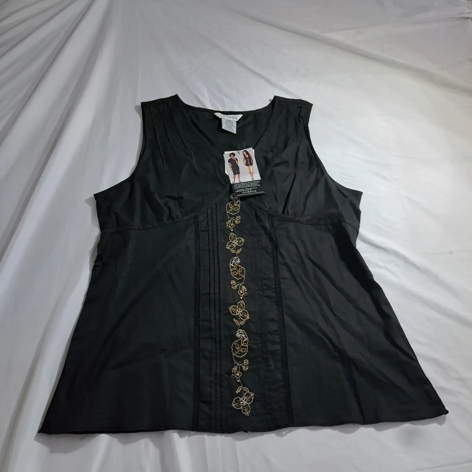 George Womens XL 16/18 Black Cotton Sleeveless Embroidered Tunic Top 100 Cotton