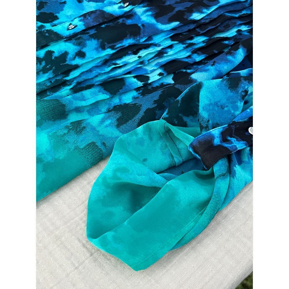Watercolor Ombre Pattern Button Blouse Turquoise Navy Blue Beach Artsy Small Med