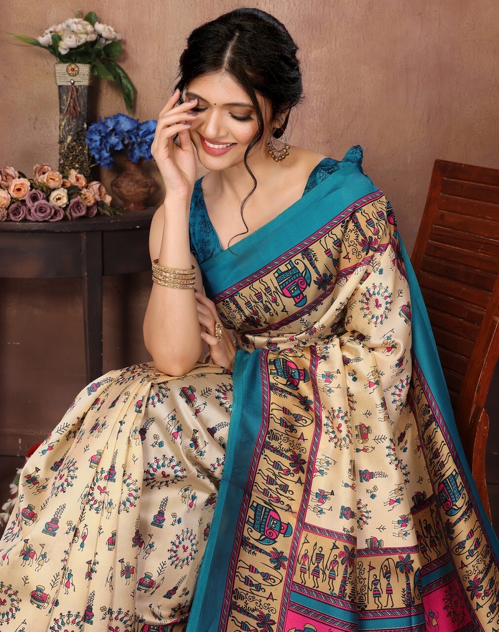 Printed Daily Wear Art Silk Saree (Blue)