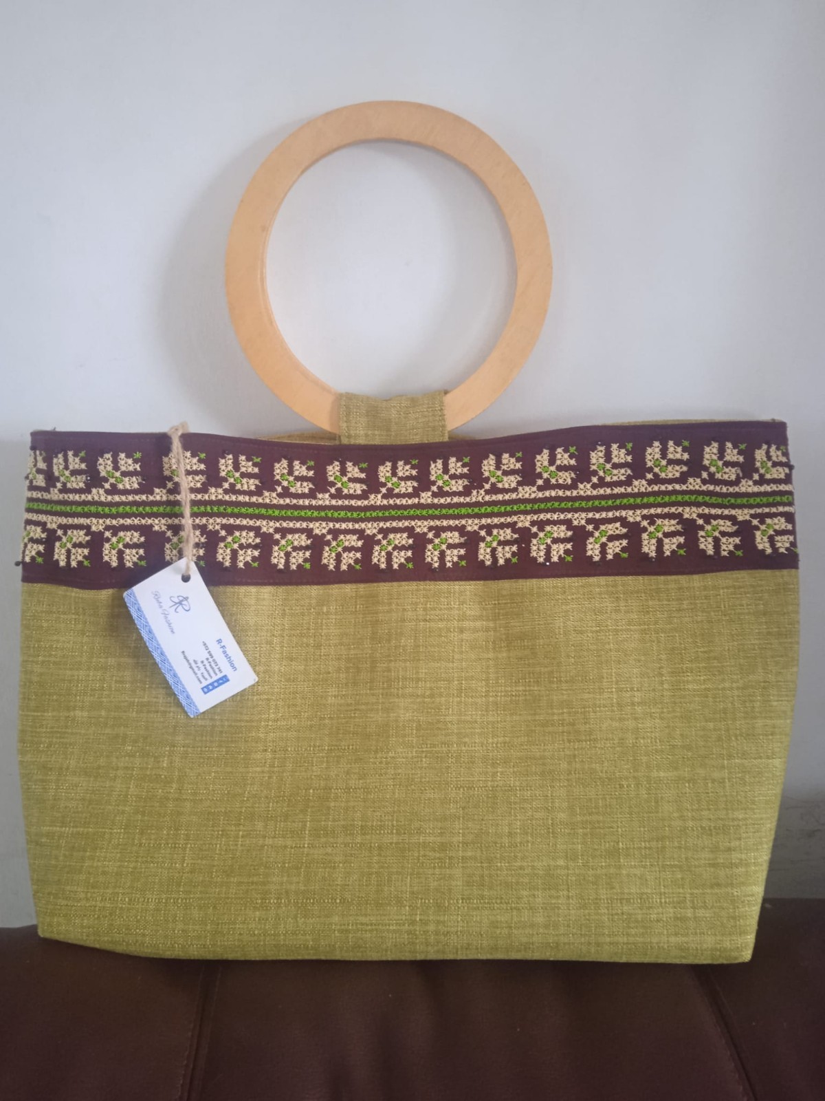 3pc Handmade Palestinian Tatreez Set: Olive Green Bag Wood Handle Scarf Necklace
