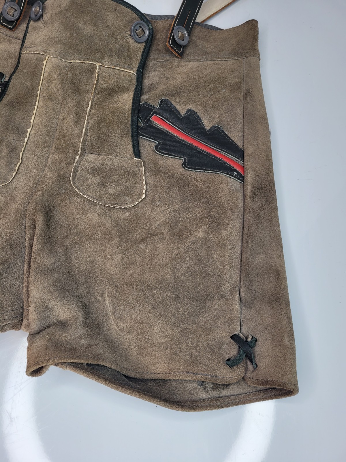 Vintage Youth Kids Lederhosen Short Suspenders Grey Red & Brown Leather Trim