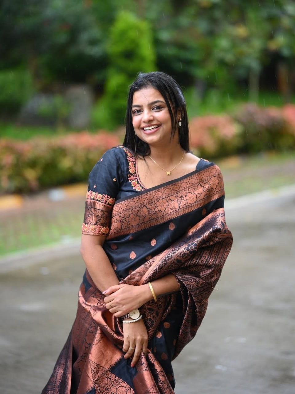 Designer Blue Silk Saree Copper Border Party Wear Sari Women