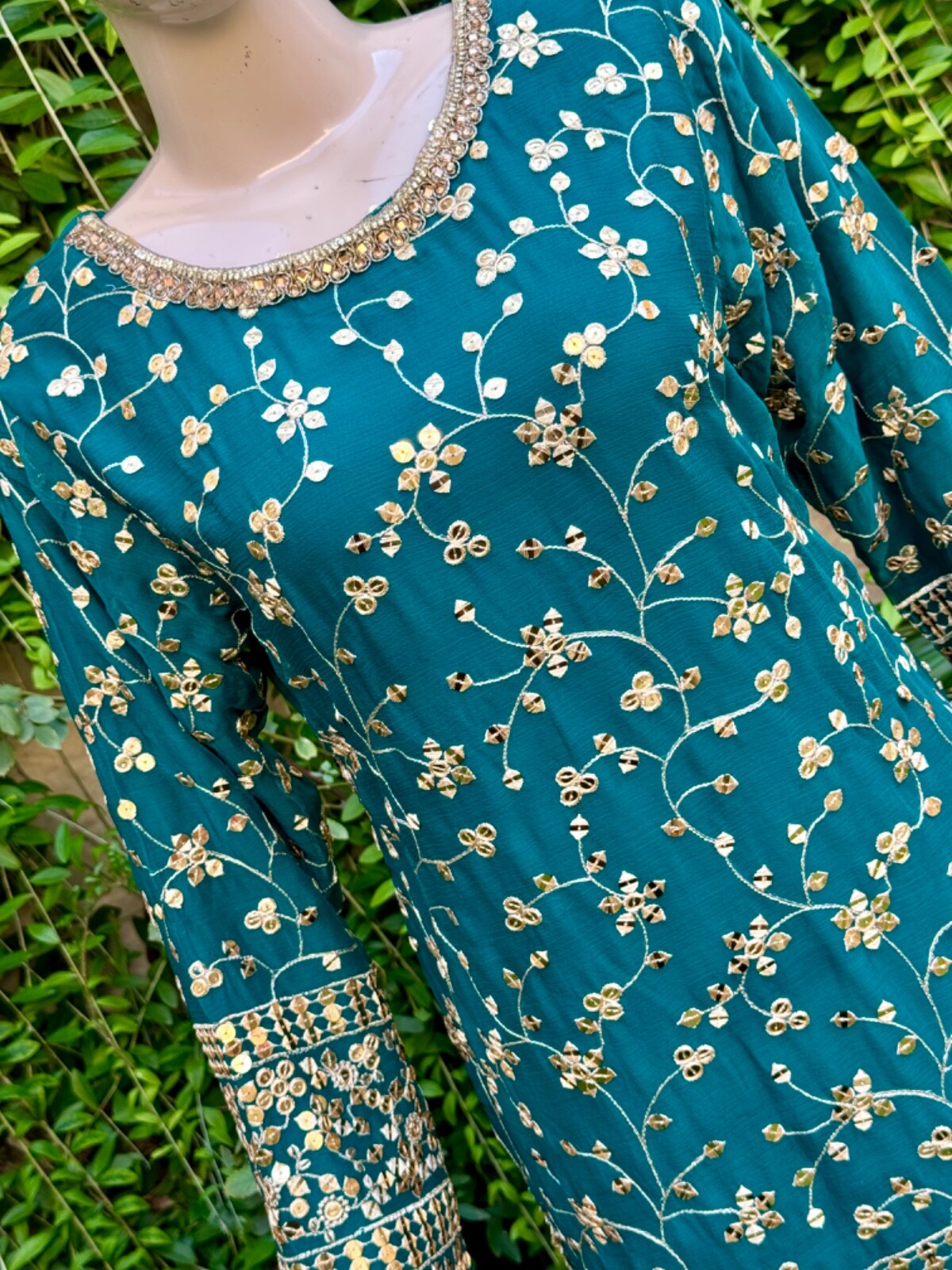 Pakistani Teal Straight Style Embroidered Sequins Chiffon Gharara Dress,L