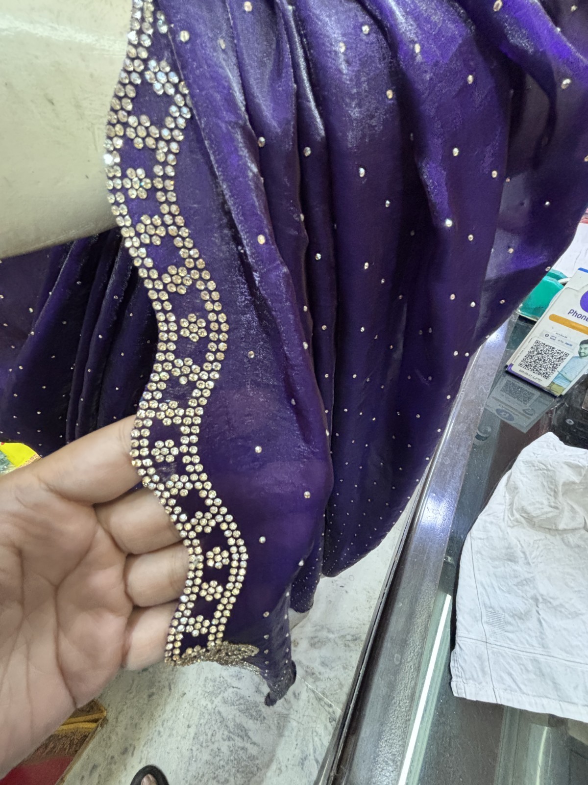 Glossy Satin Fendi Sworski diamond Work Saree