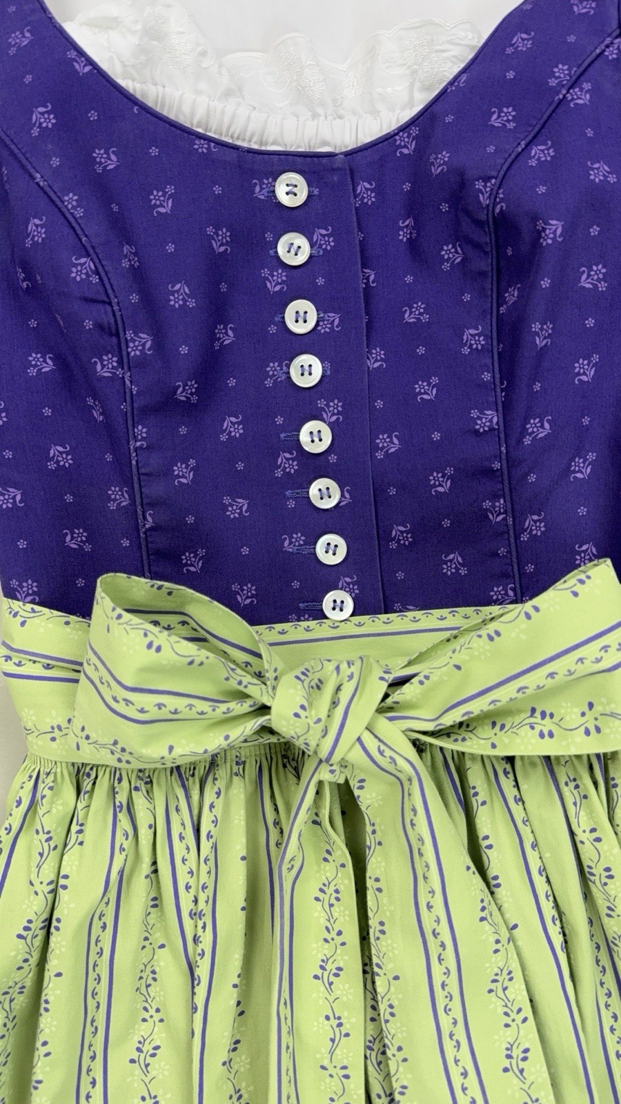 Wenger Cotton Dirndl Dress Apron Blouse Purple Green Oktoberfest XS 34