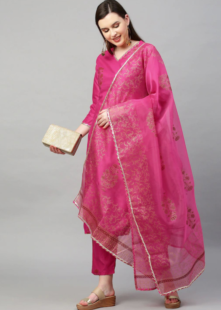 USA Seller – Brand New KALINI Women Pink Floral Printed Kurta Trousers & Dupatta